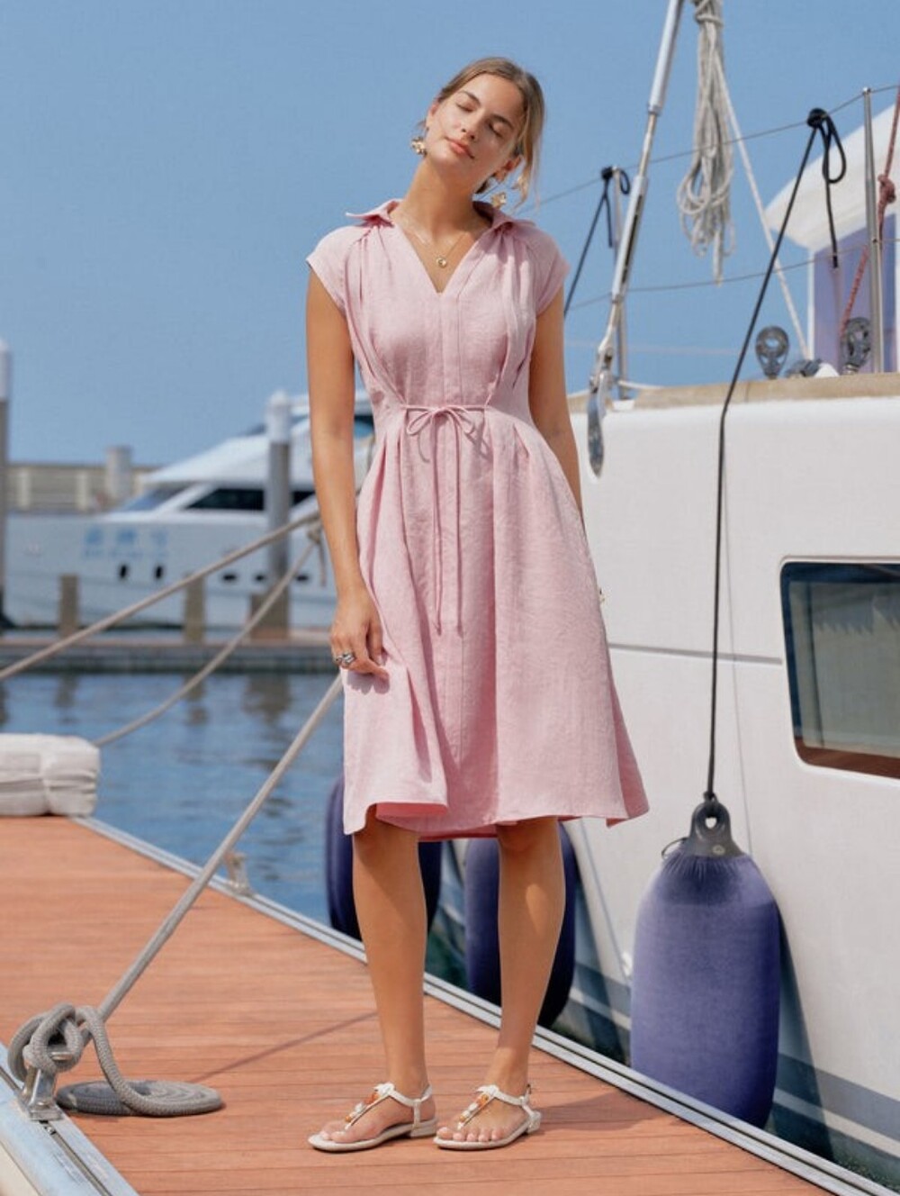 OGL Viscose-Linen Collared V-neck Midi Dress with Drawstring Size S